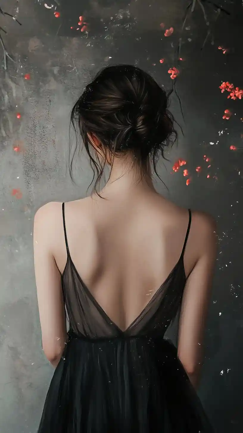 Woman in black slip dress against abstract ink wash backdrop