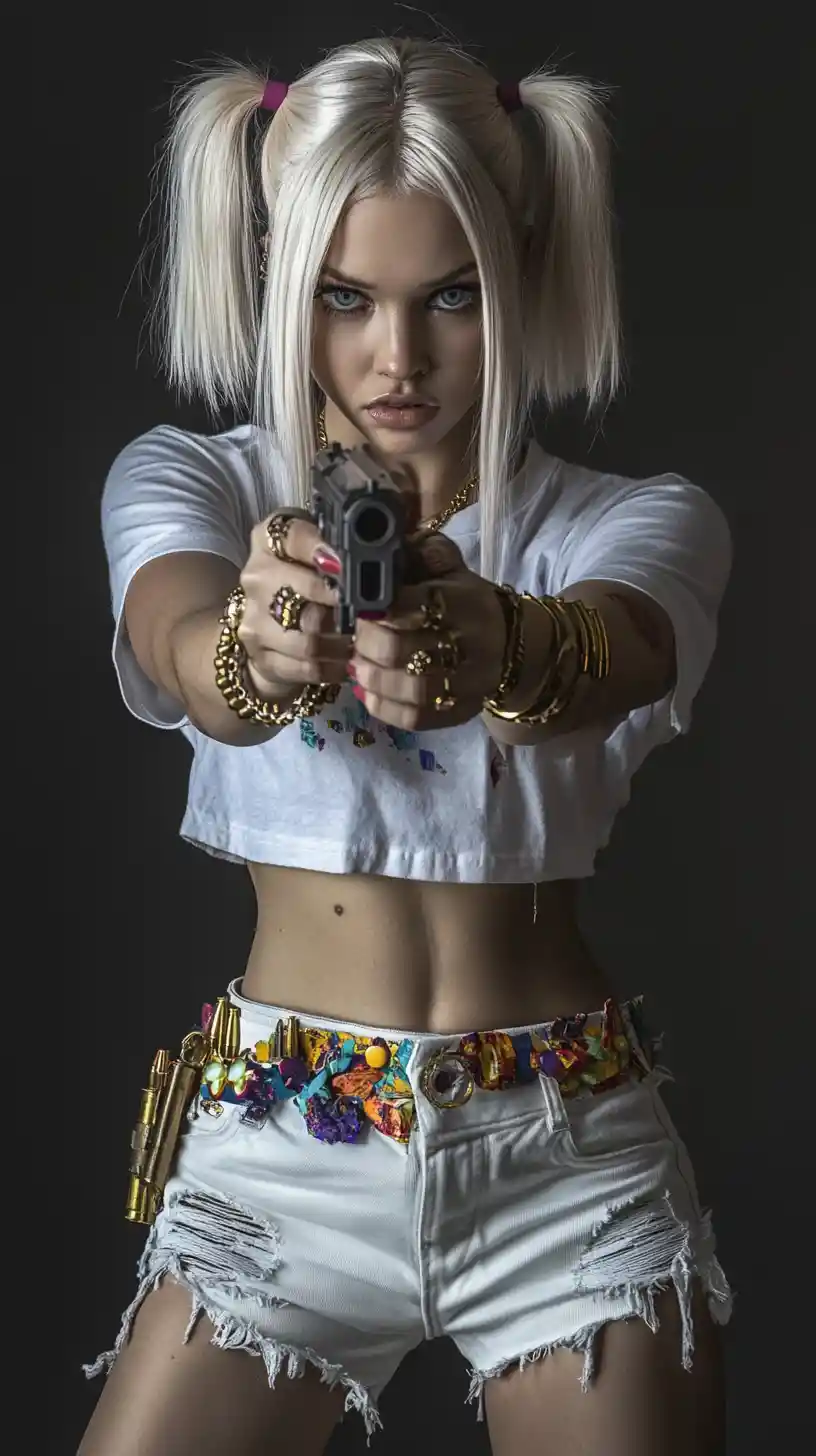 Intense young woman aiming a gun toward the camera