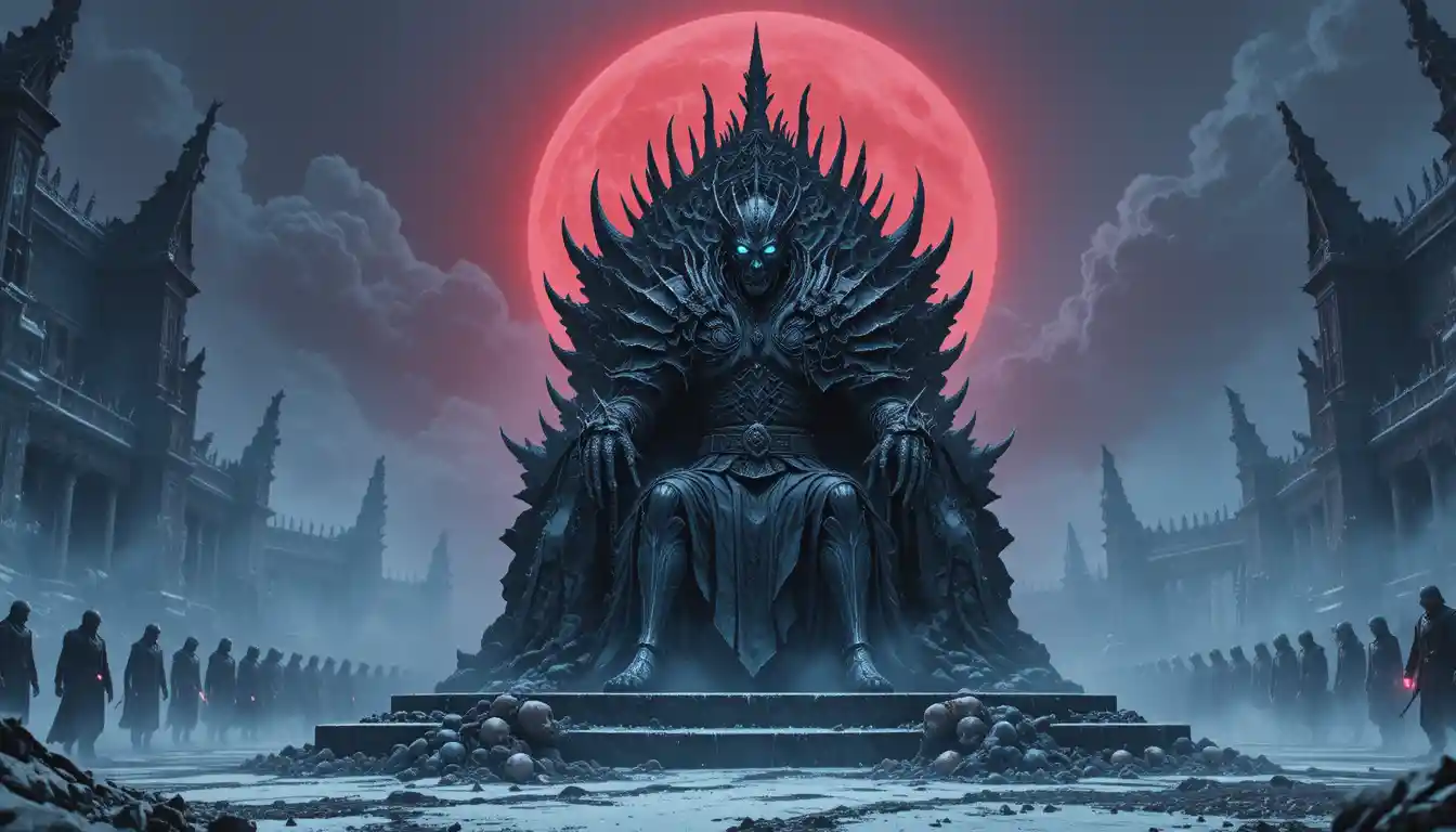Ancient lich king on a dragon bone throne under blood moon