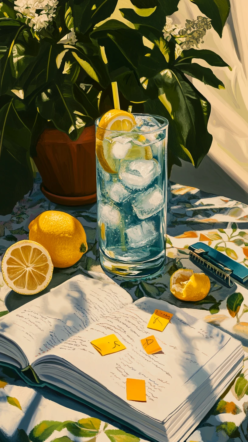 Sunlit still life with blue drink lemons and open book