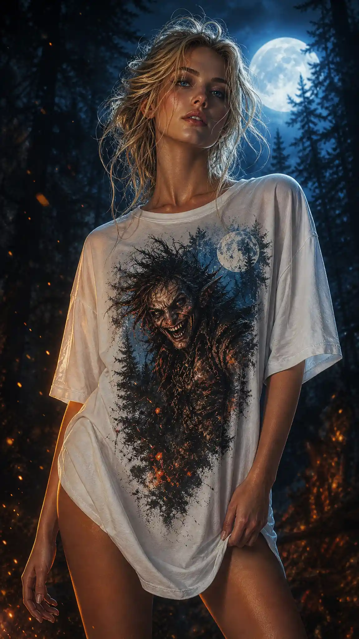 Sexy blonde woman in white t shirt dark fantasy art