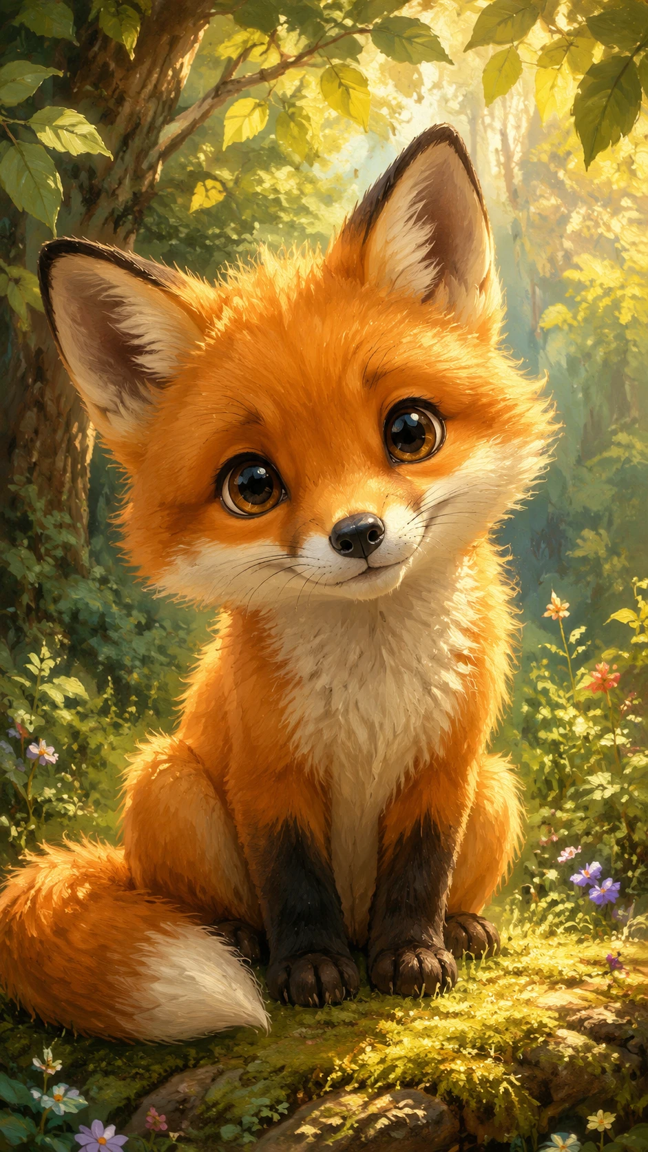 Curious fox cub in a whimsical forest clearing