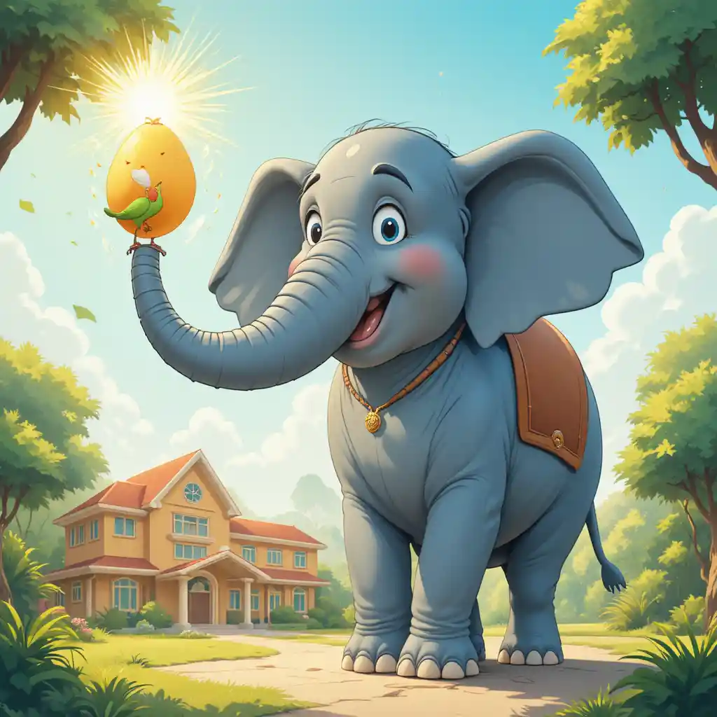 Giant elephant carrying a smiling boy toward a colorful school