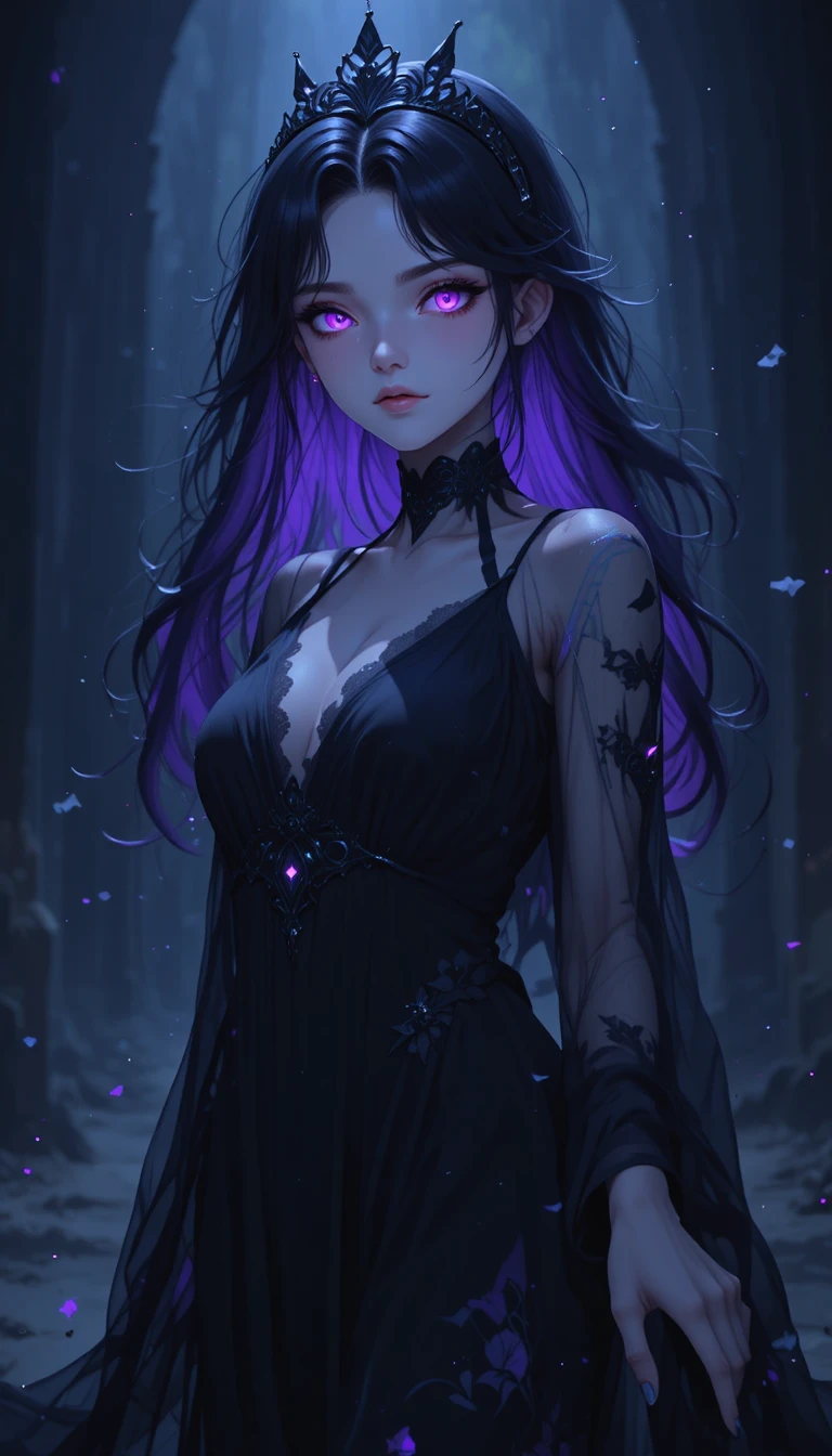 Ghostly anime girl with dark flowing hair and aura