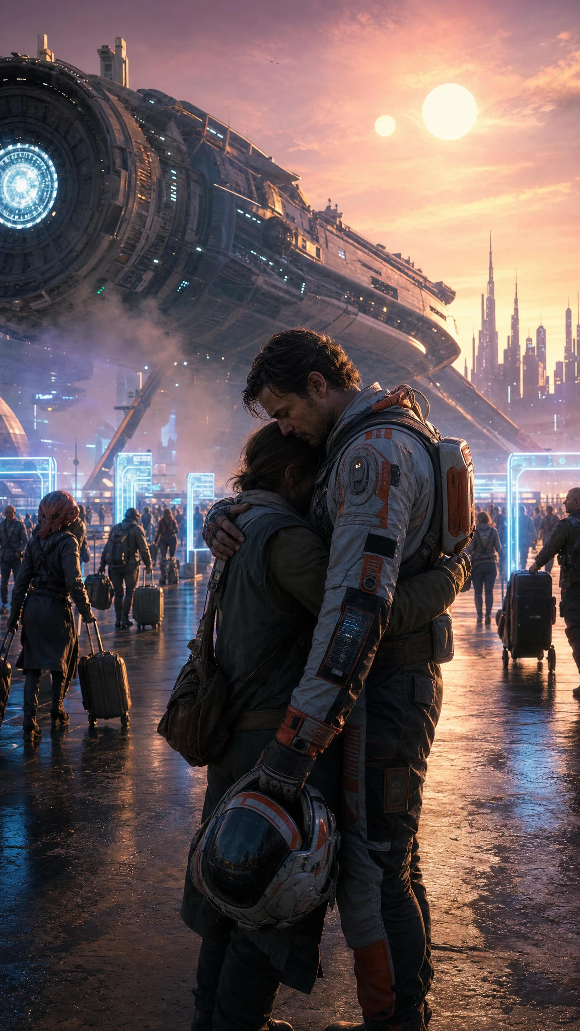 Emotional farewell embrace at a futuristic interstellar spaceport