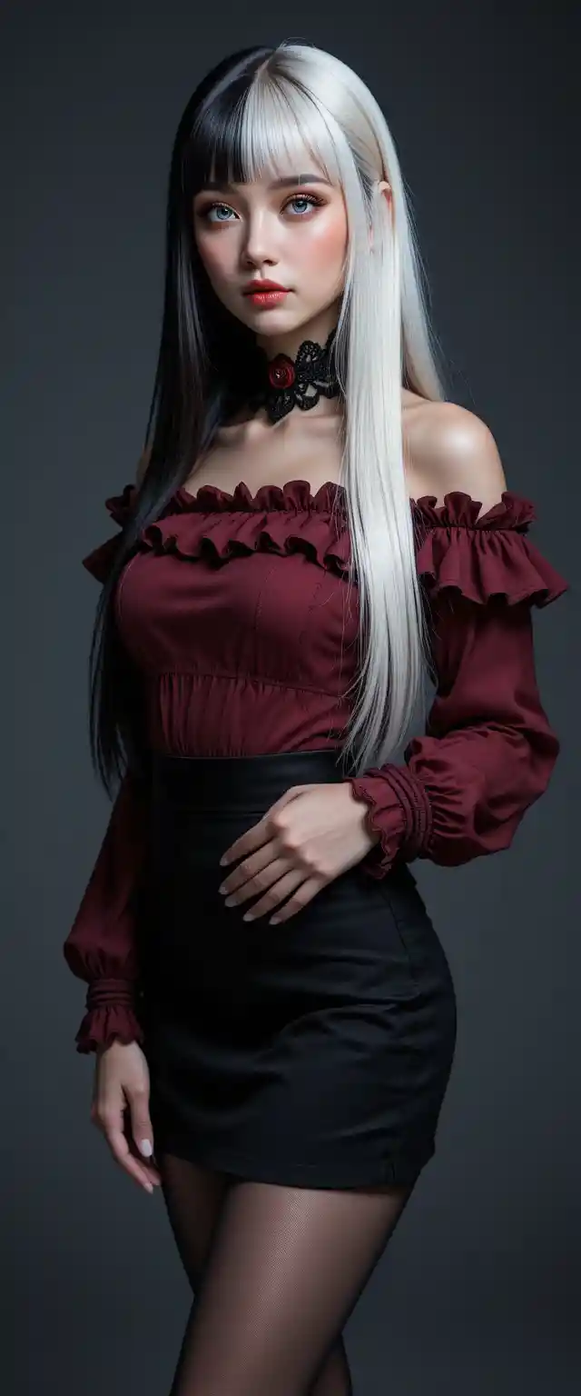 Two tone haired woman in ruffled burgundy top