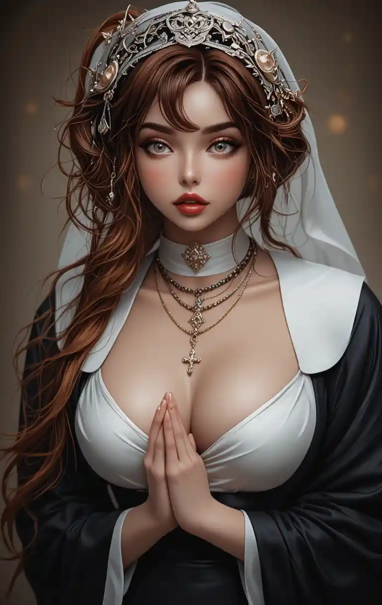 Red Haired Nun Praying With Rosary And Cross Necklace