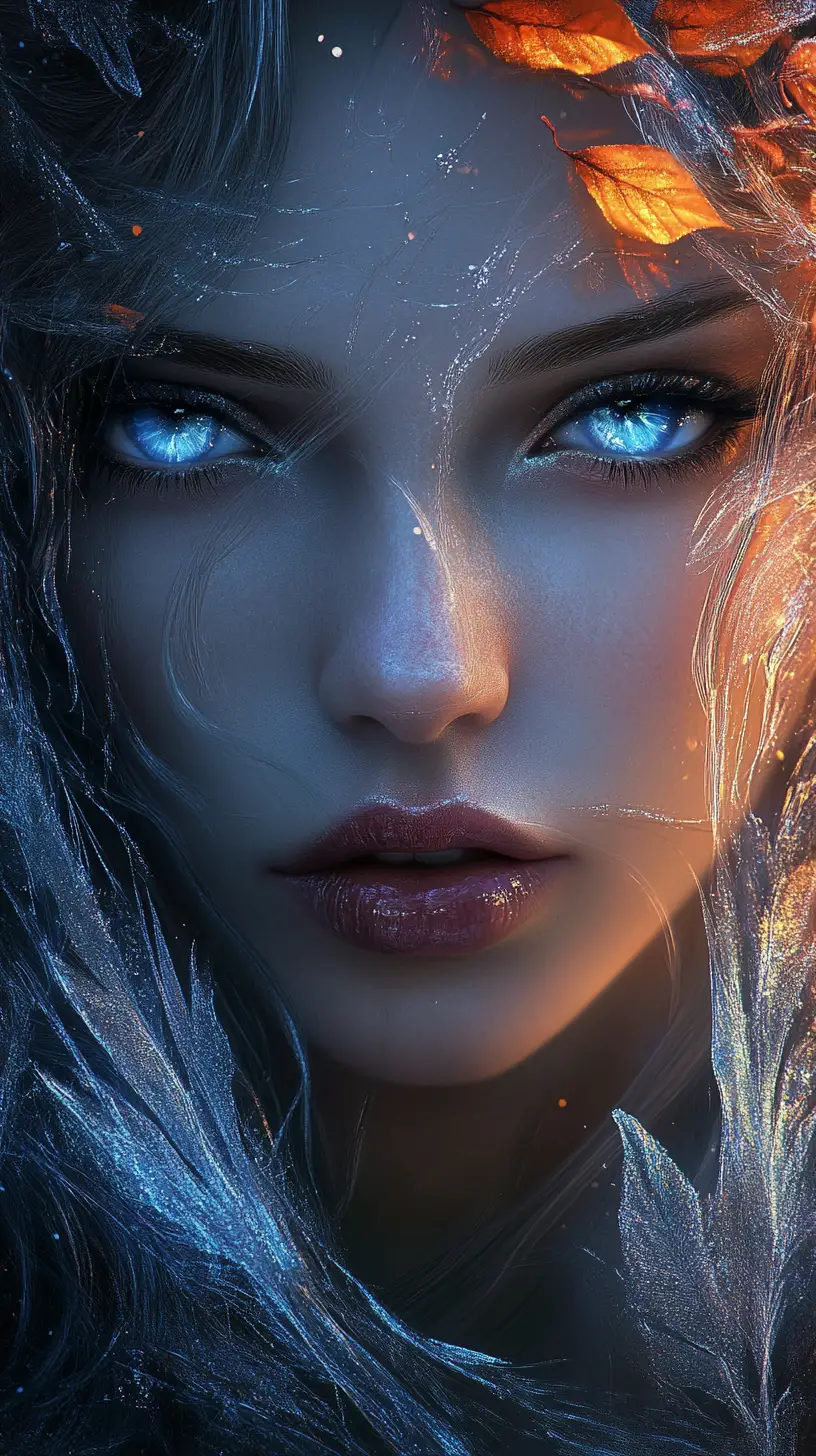 Ethereal fairy woman with luminous blue eyes and wings