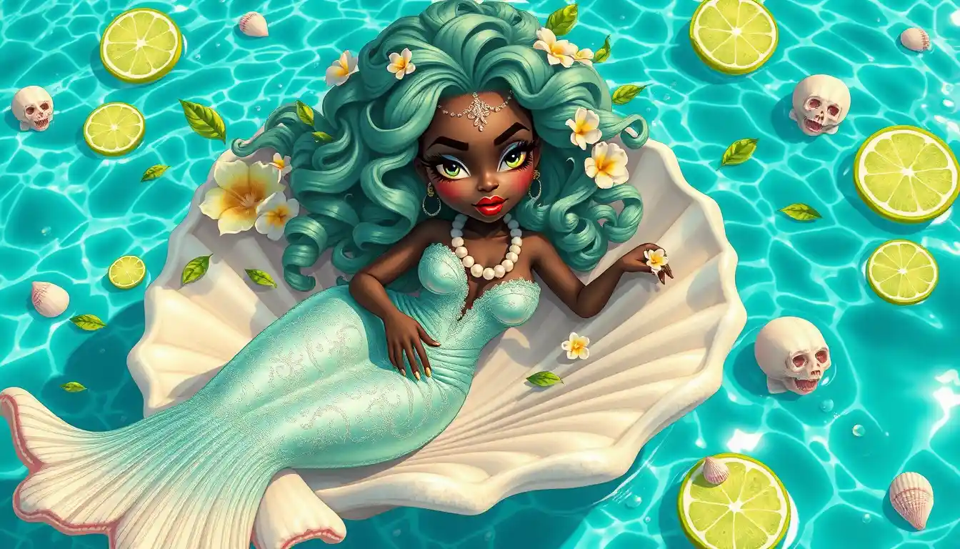 Glamorous island queen reclining on a floating seashell