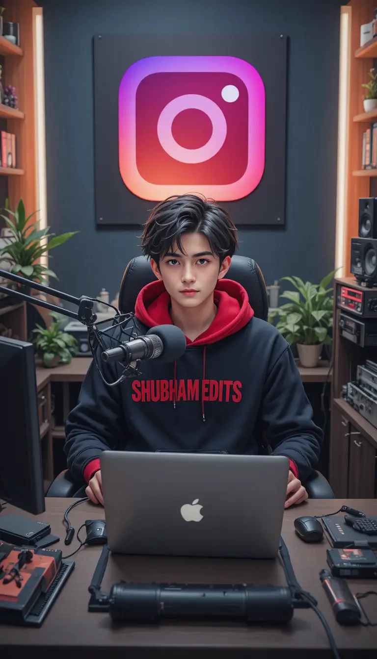 Anime boy streaming at a desk with laptop and mic