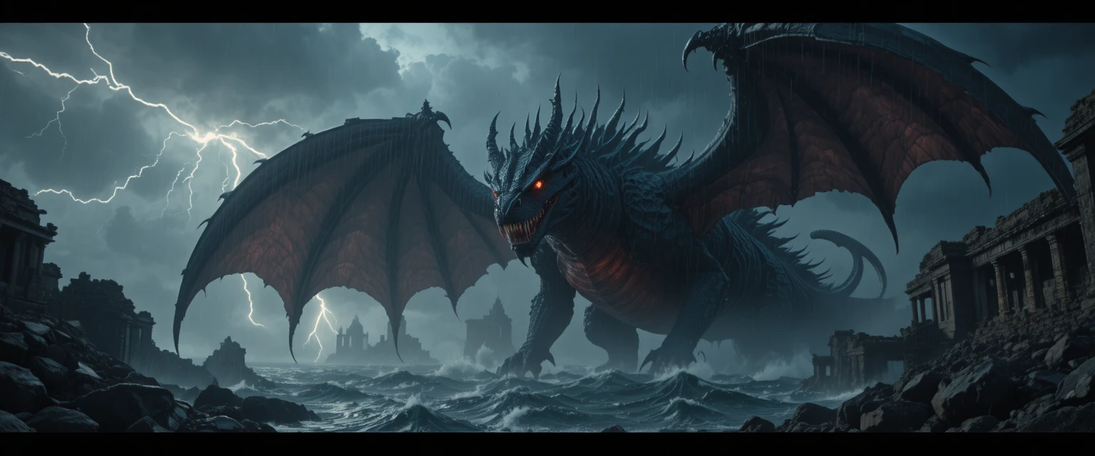 Abyssal dragon rising from a stormy black ocean