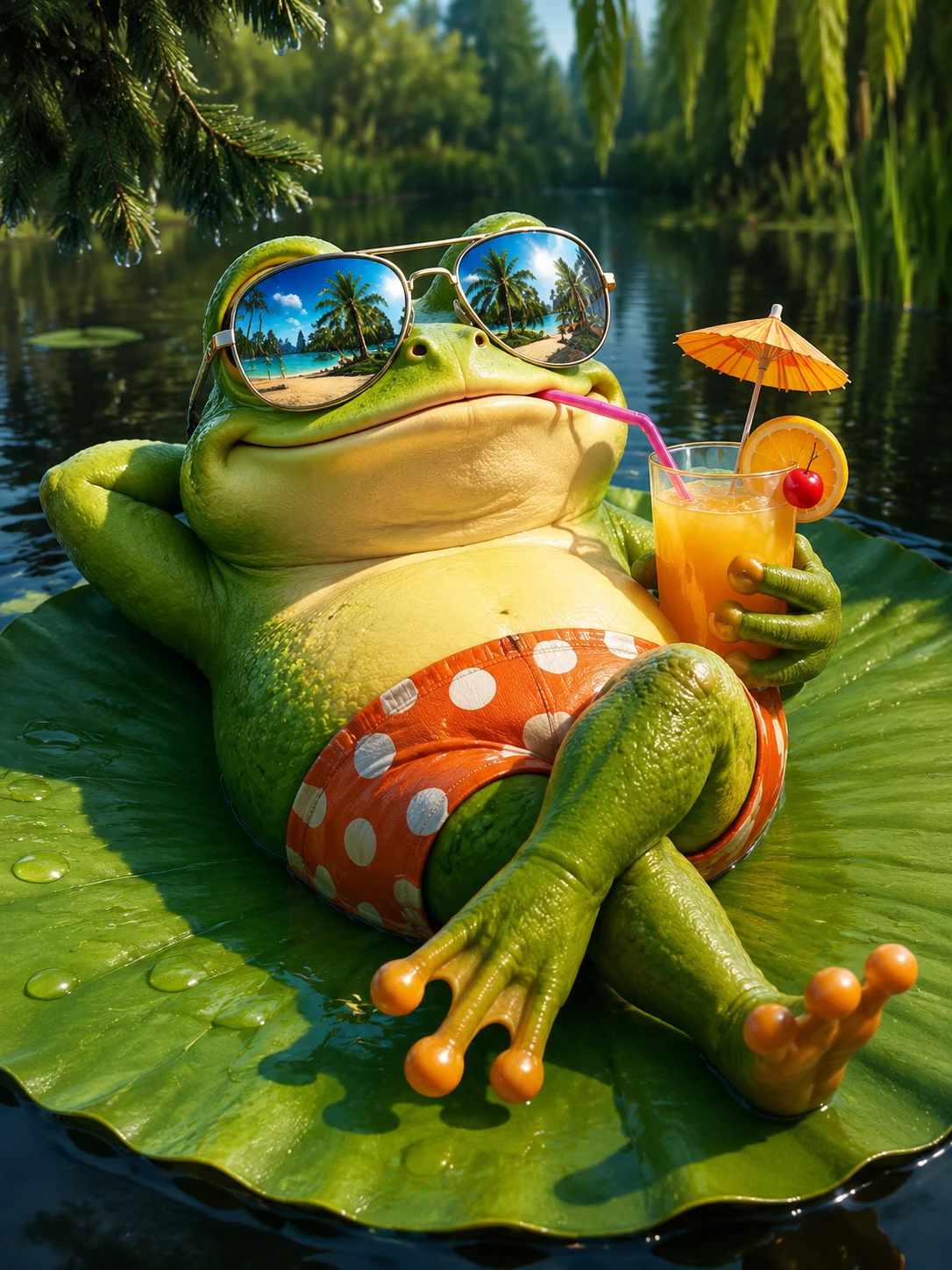 Rana de dibujos animados relajada tomando el sol en un estanque con nenúfares