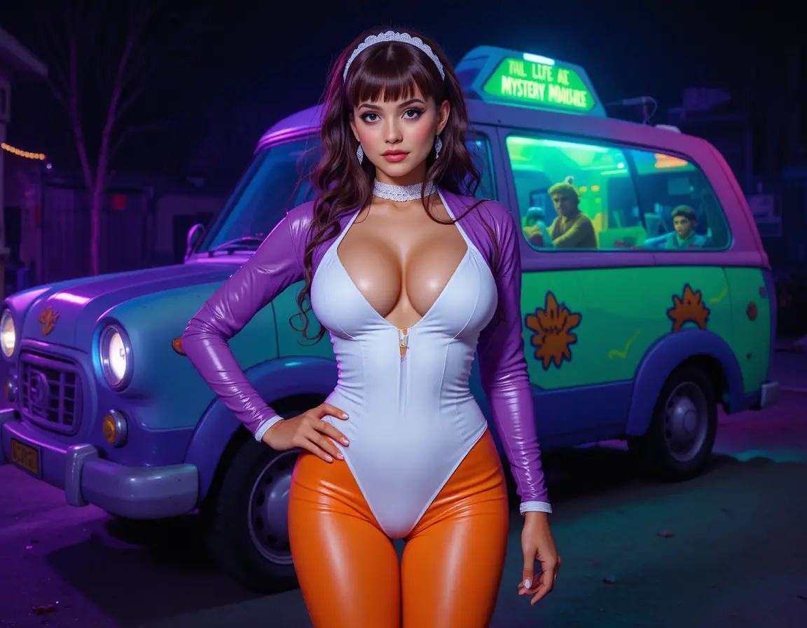 Seductive brunette woman in white one piece cosplay swimsuit