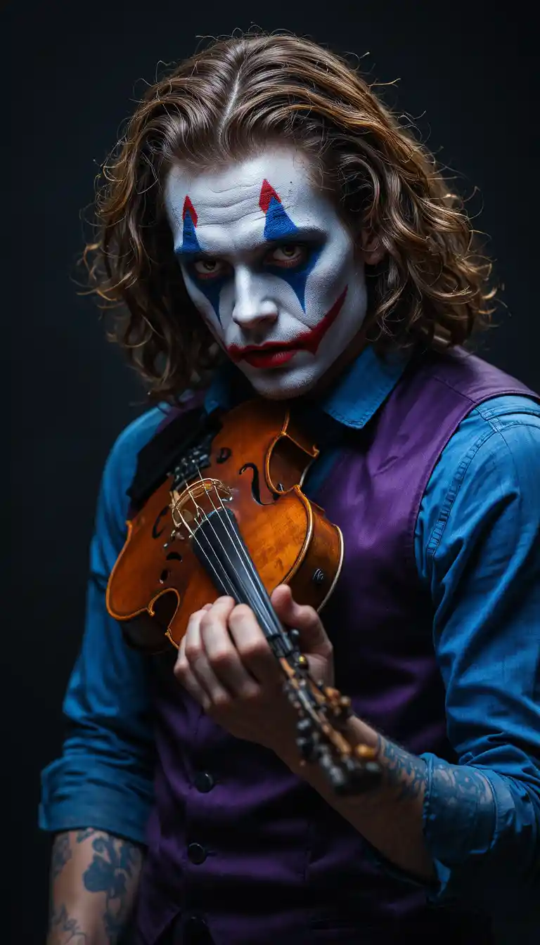 Pale violinist with dramatic face paint on dark background
