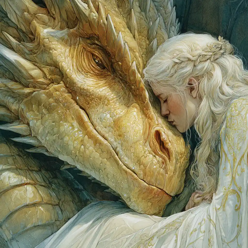 Watercolor close up of dragon curled around kissing woman