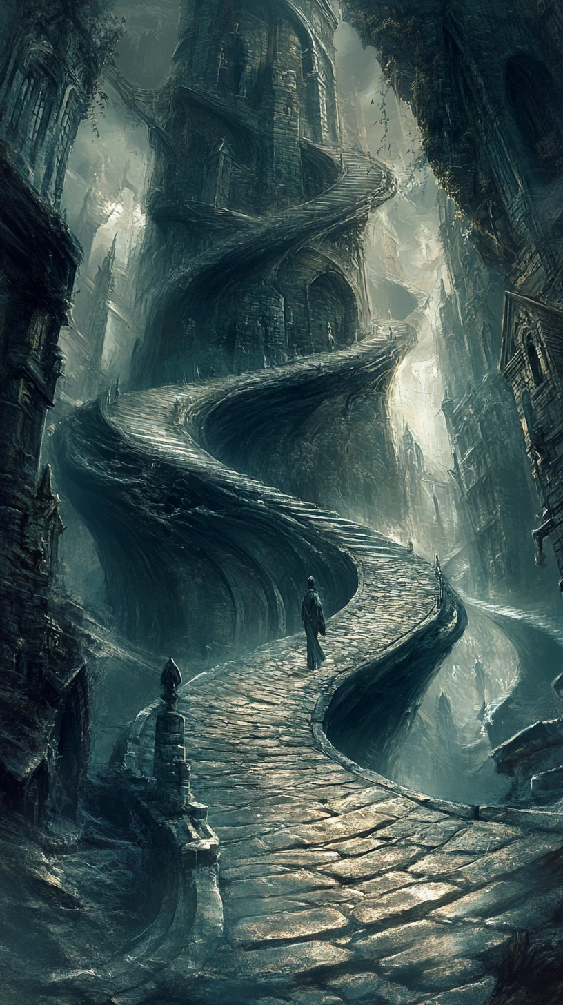 Surreal cobblestone path spiraling through warped gothic architecture