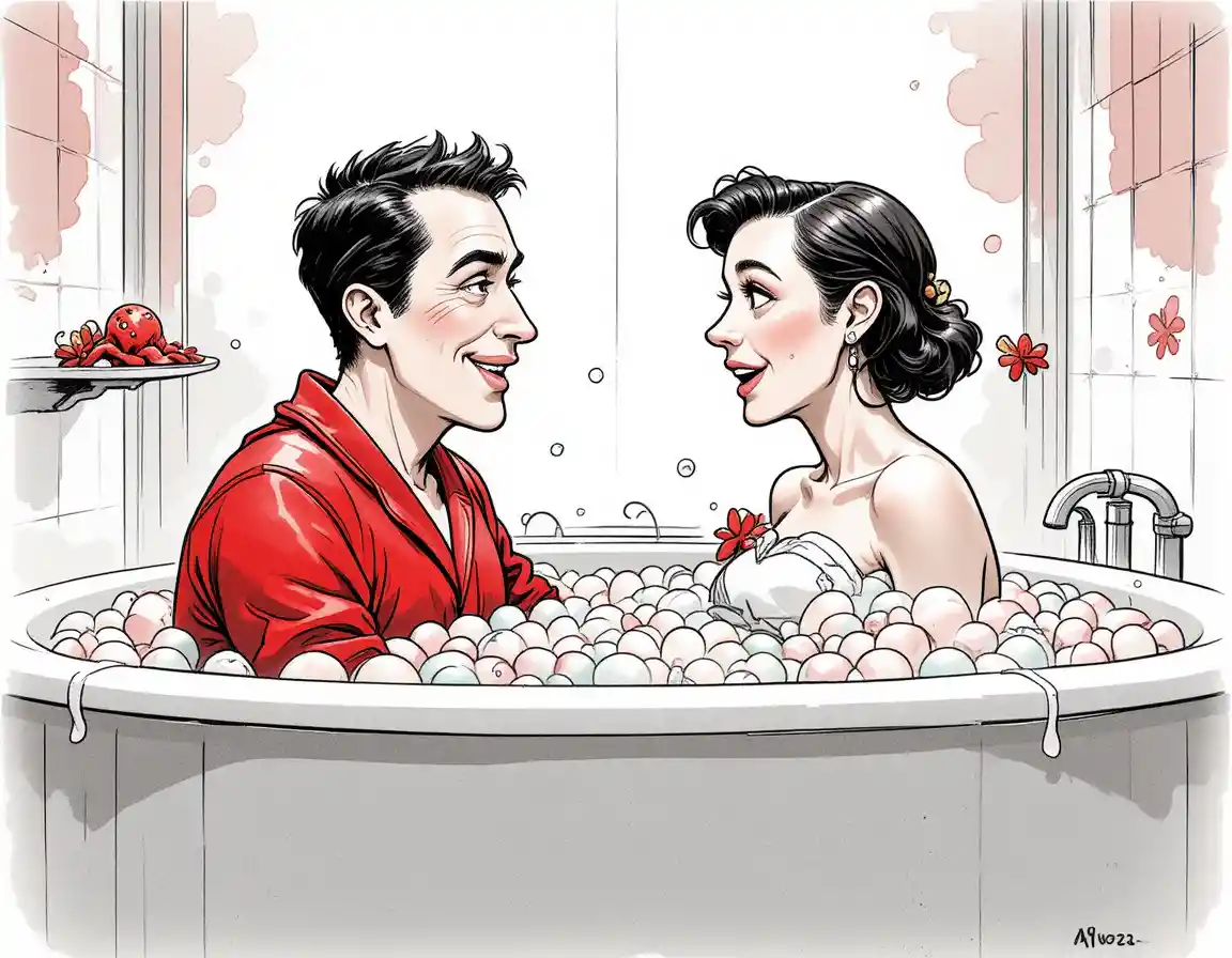 Playful comic scene of man in bubbly bathtub