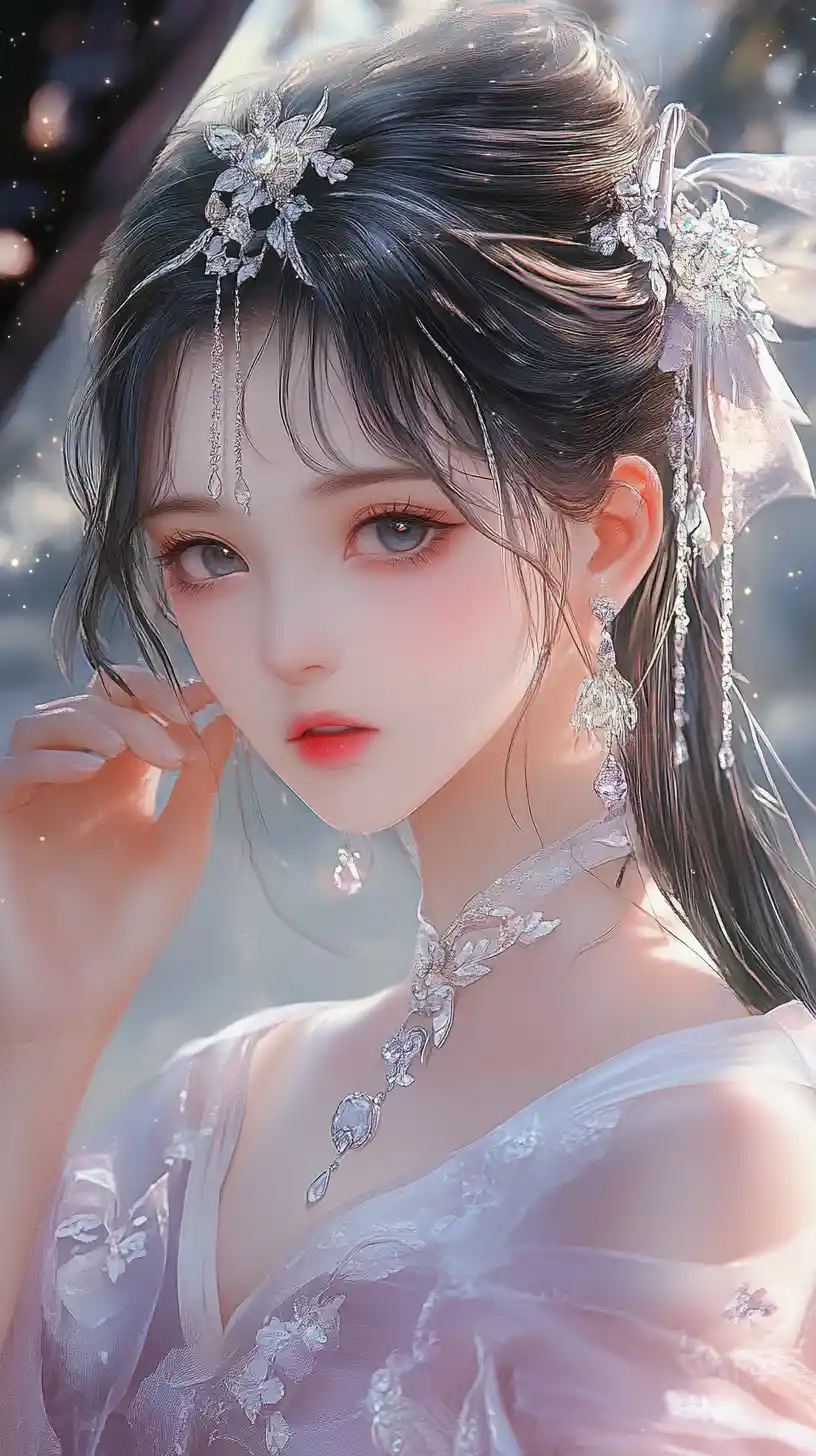 Ethereal anime girl in pastel traditional dress portrait