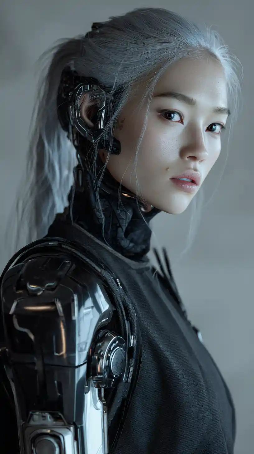Asian warrior woman battling cyborgs in futuristic spaceship
