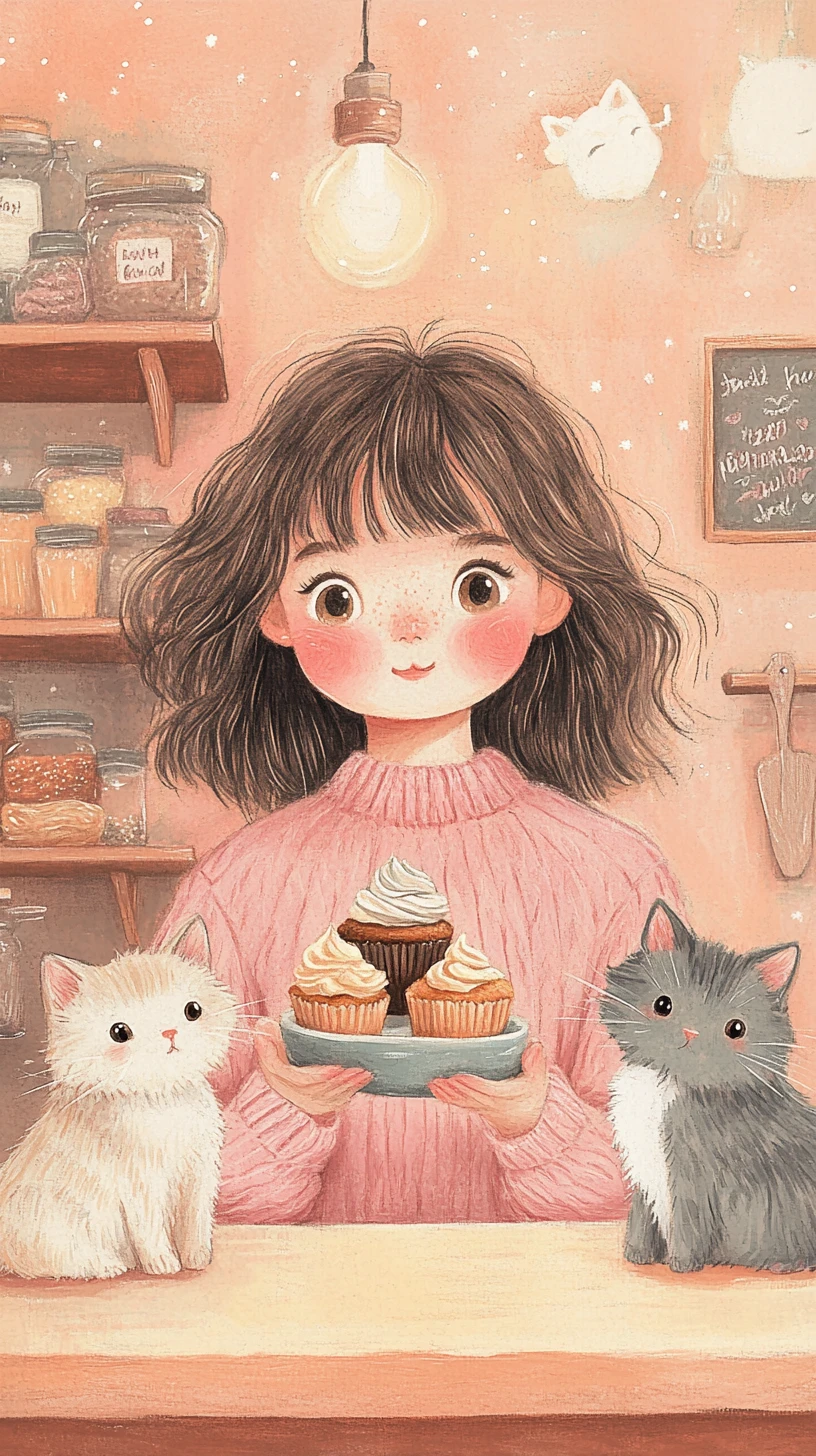 Chica pastel horneando cupcakes con gatos esponjosos – ilustración