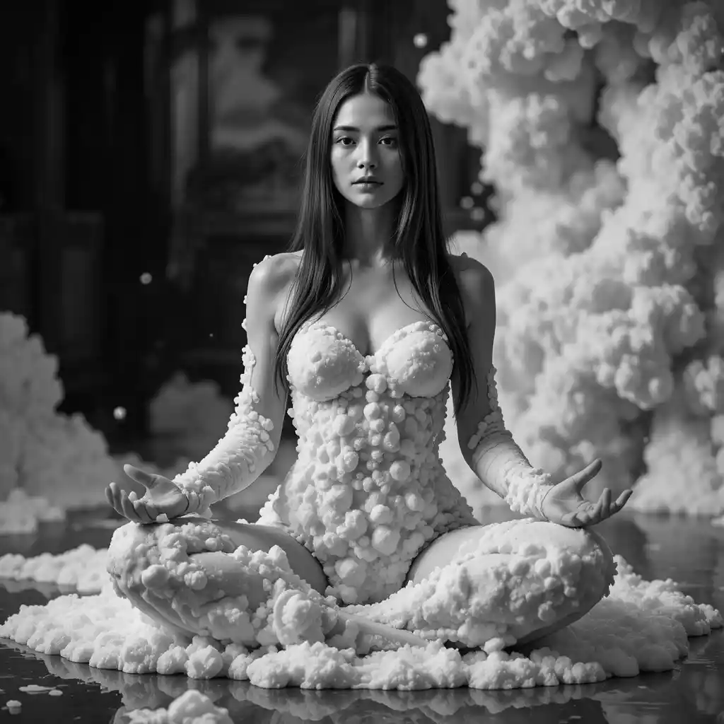 Black and white studio portrait of woman in soap foam