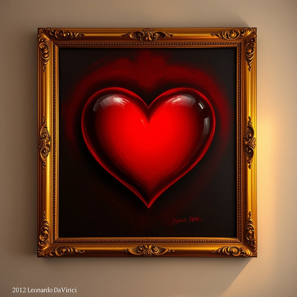 Classic red heart painting in a gold framed canvas