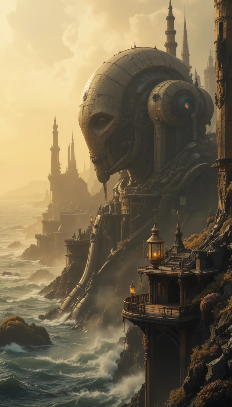 Ancient Robot City Rising From A Golden Turbulent Sea