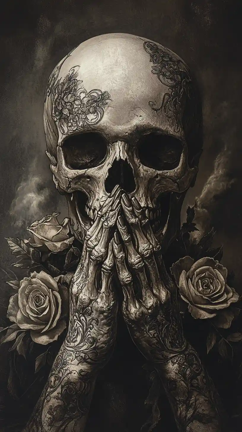Macabre skull with clasped skeletal hands and blooming roses