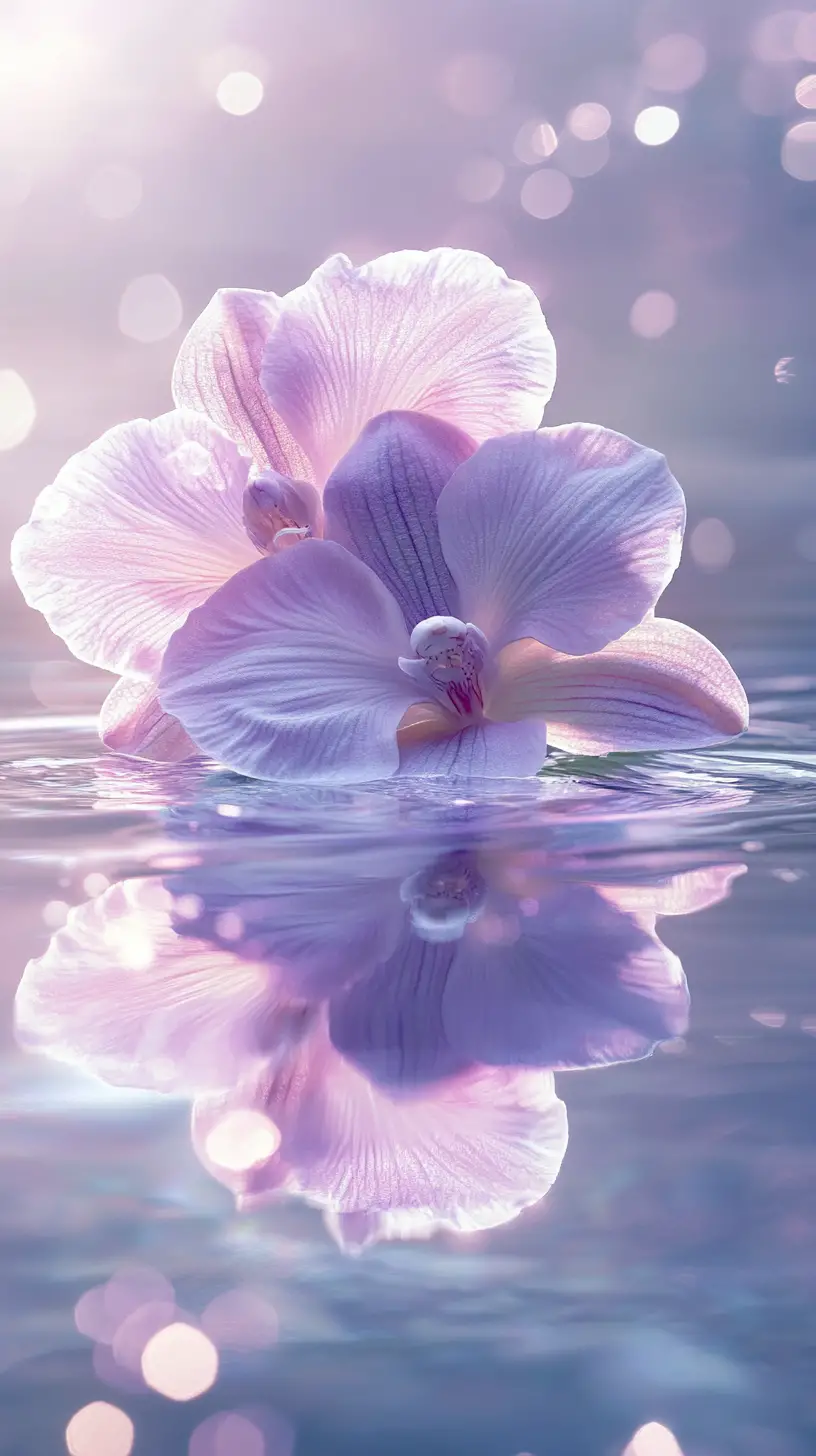 Lilac orchid on reflective water in dreamy digital painting
