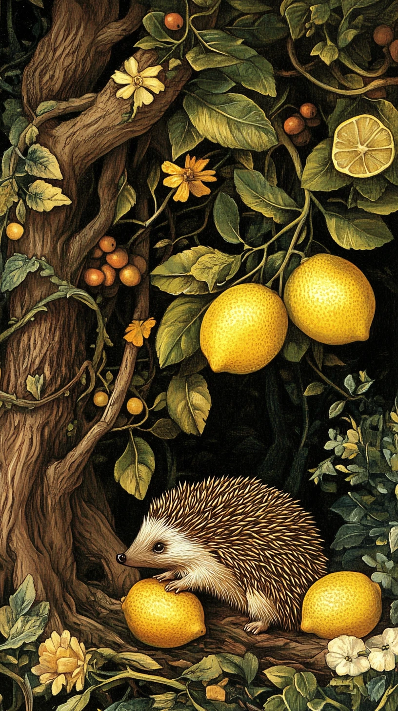 Vintage illustration of a hedgehog beneath a lemon tree