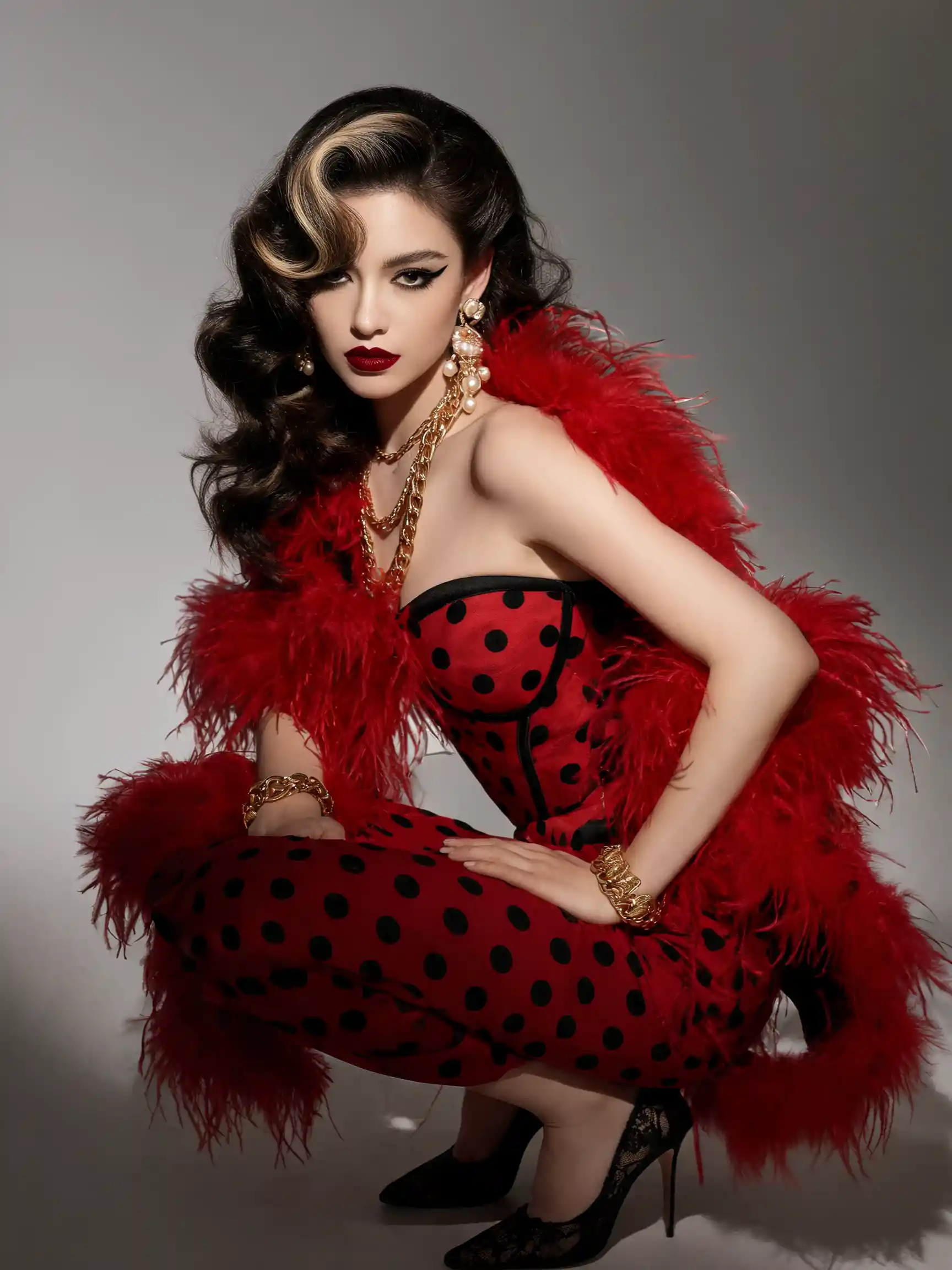 Elegant woman in vintage red feather fashion portrait