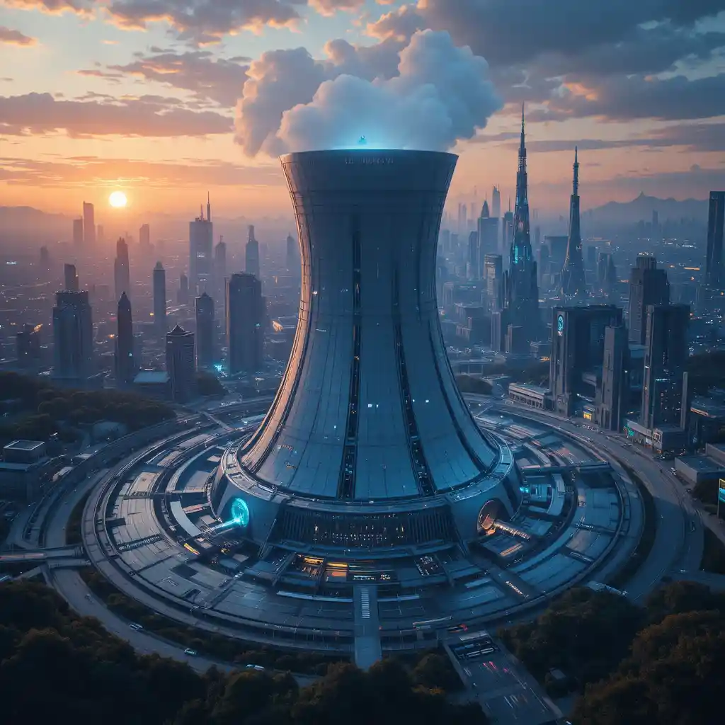 Futuristic nuclear plant glowing at sunset in utopian city