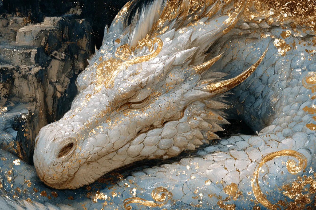 Acuarela en primer plano de un dragón dorado en el patio del castillo