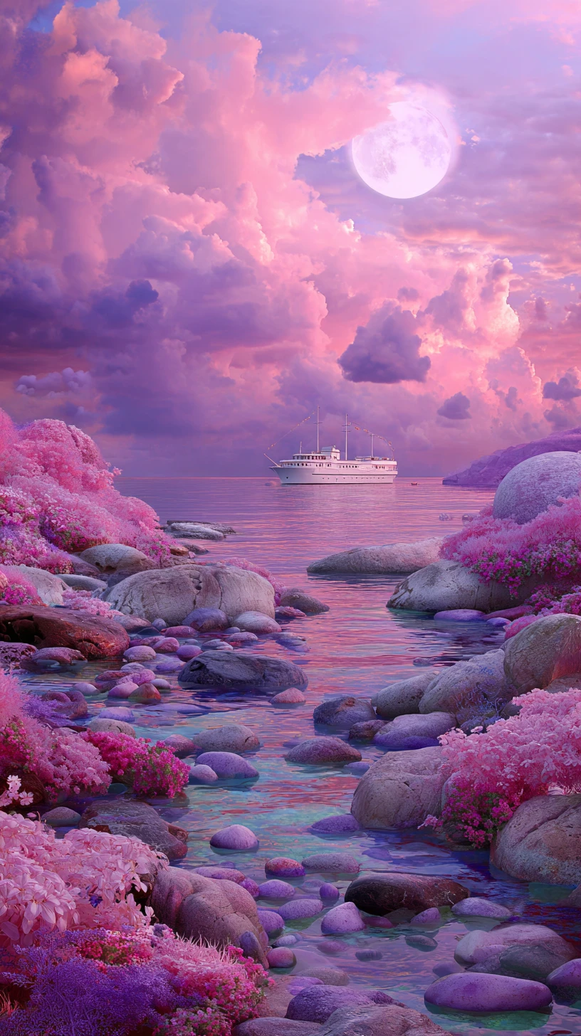 Dreamlike pink seascape with a boat and distant waterfall