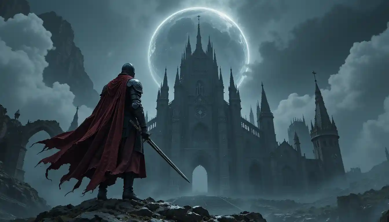 Dark knight on a ruined gothic cathedral under eclipse