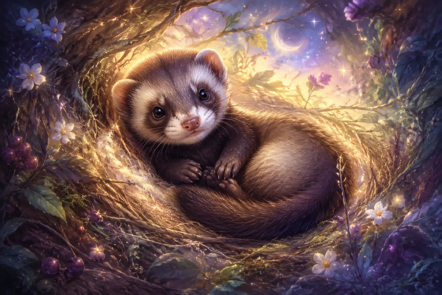 Adorable baby ferret curled in a glowing forest nest