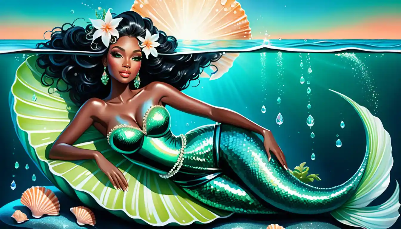 Glamorous island queen on seashell above turquoise water
