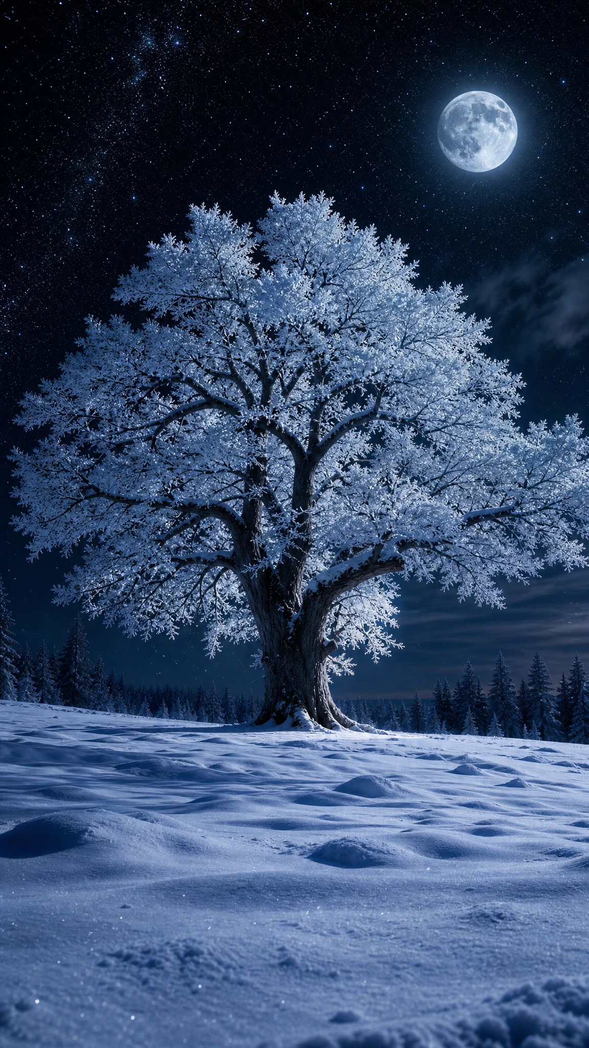 Majestuoso árbol solitario en paisaje invernal a la luz de la luna