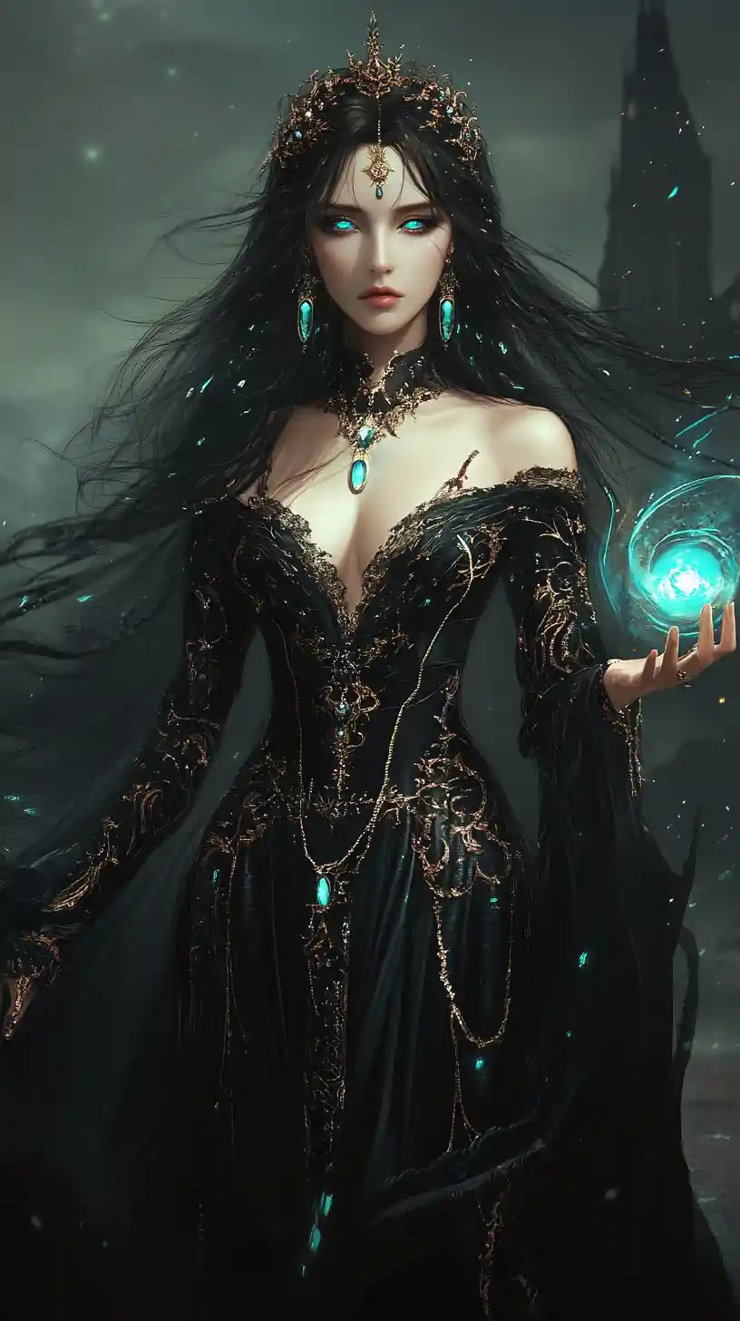 Elegant fantasy witch summoning glowing turquoise magic