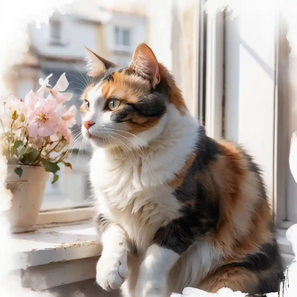 Calico cat on a sunlit window ledge in spring