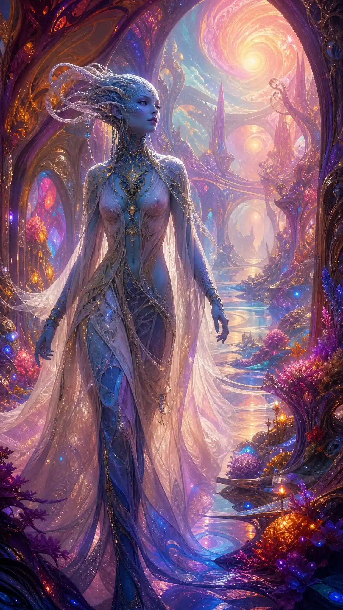 Ethereal alien woman entering a mystical colorful realm