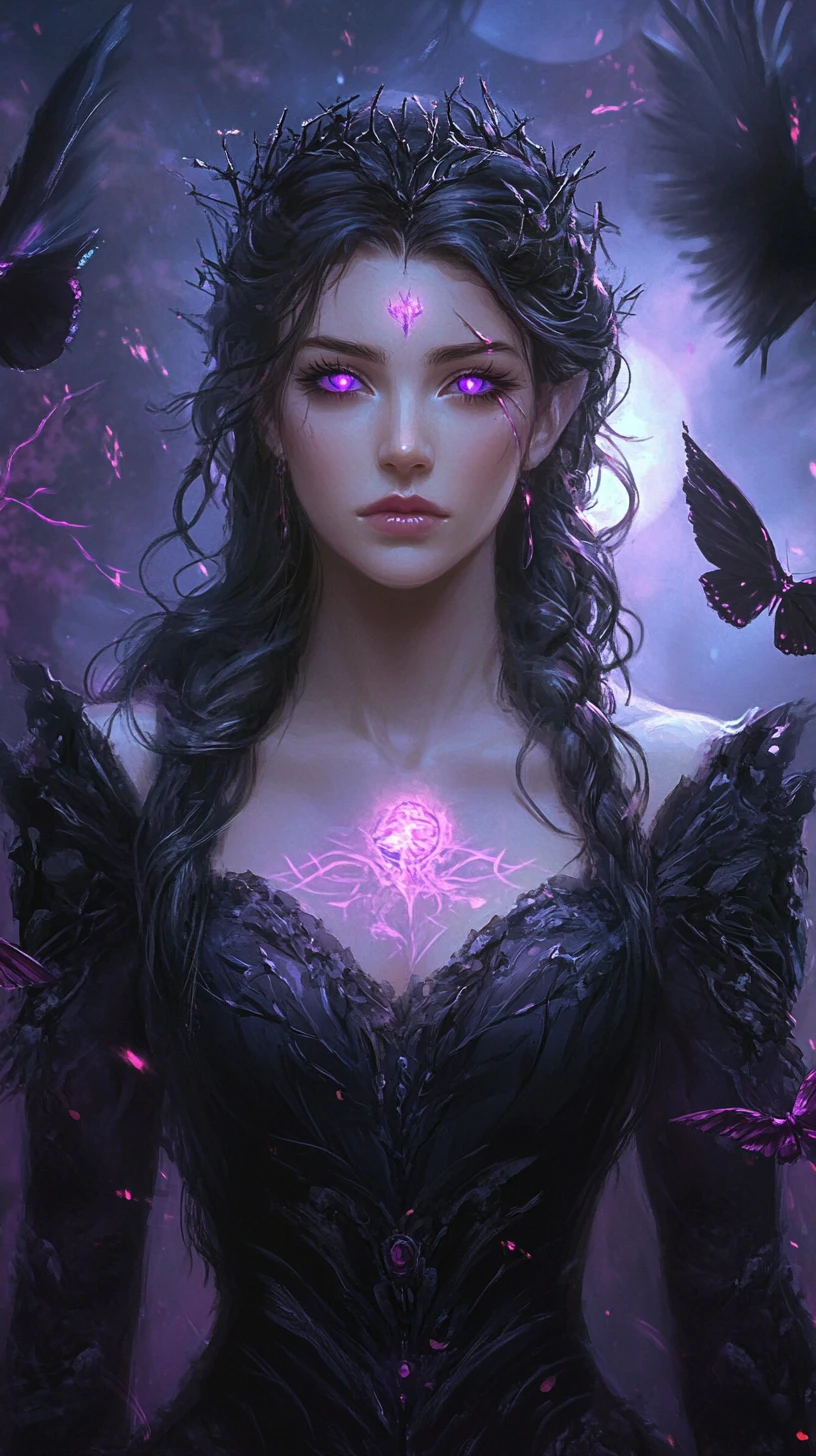Gothic sorceress with glowing violet magic in the night