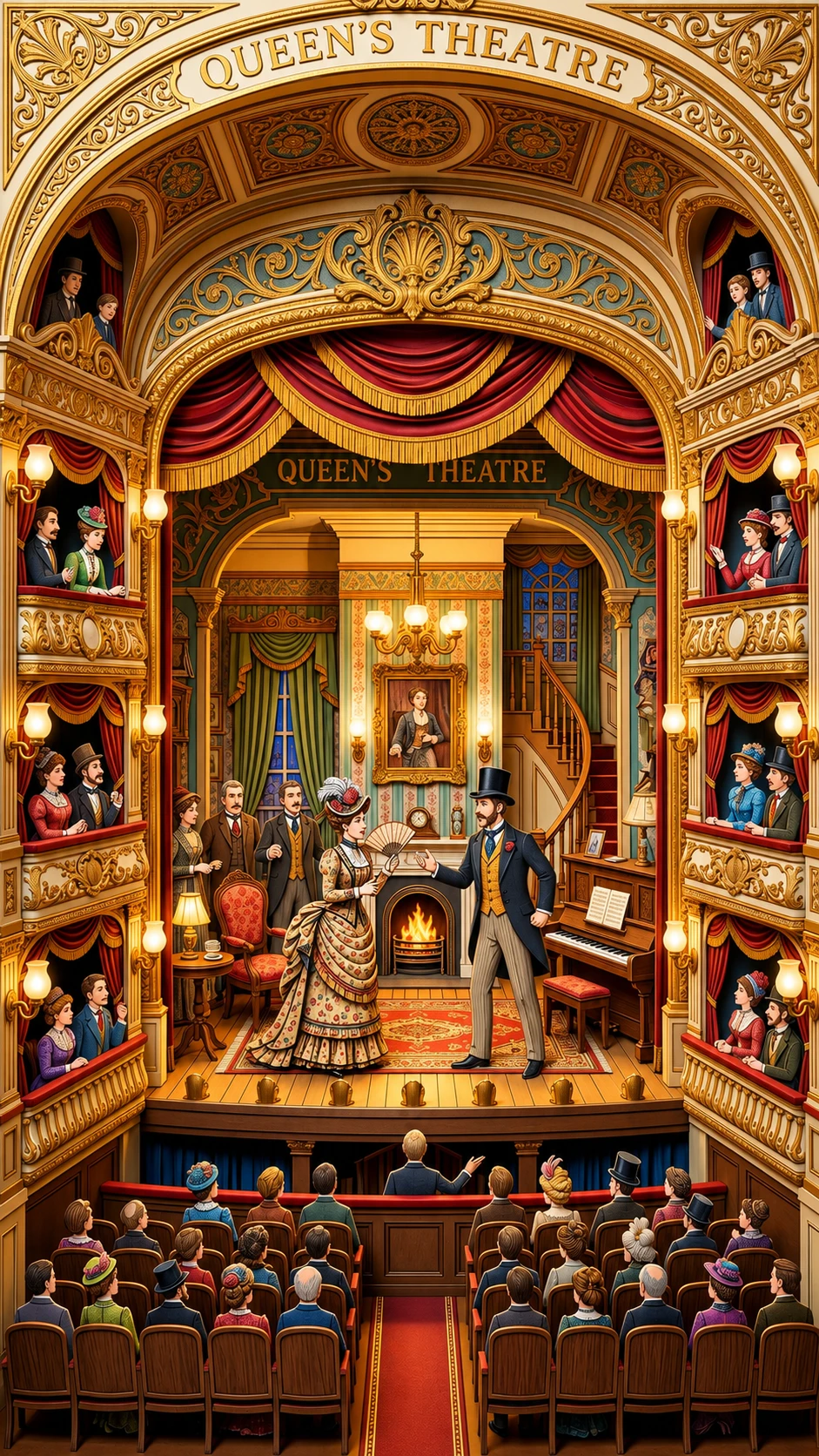 Victorian theater stage with actors in bright auditorium