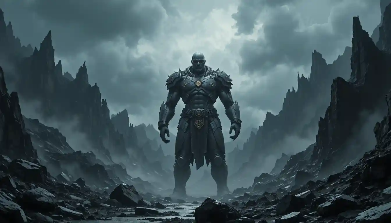 Colossal armored titan guarding the mouth of an endless abyss