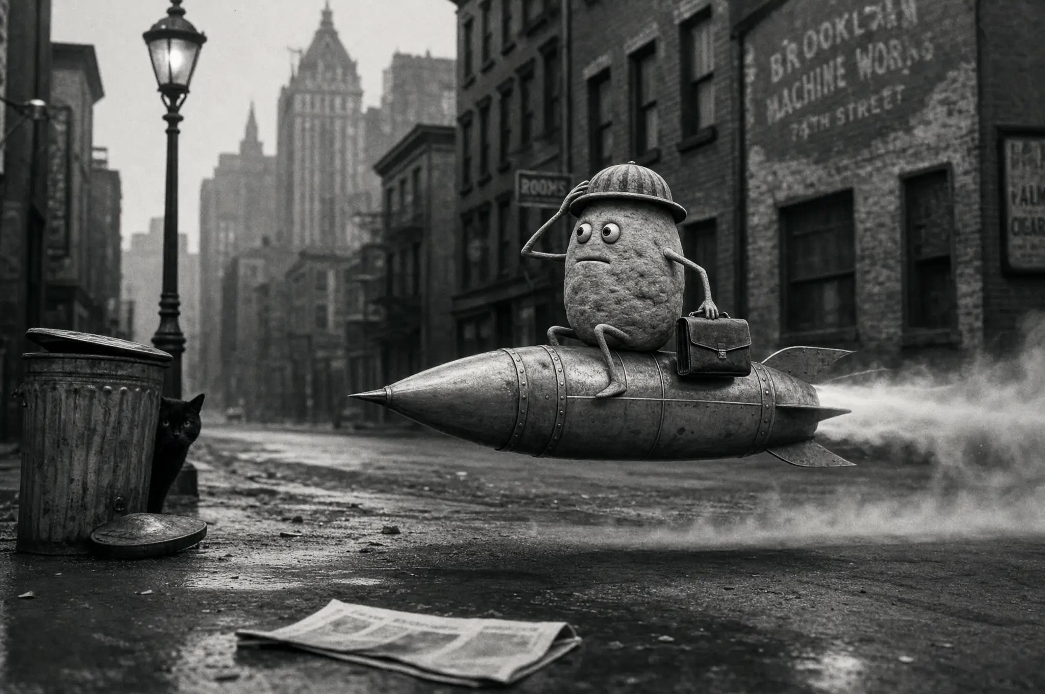 Potato man riding a vintage rocket through noir city