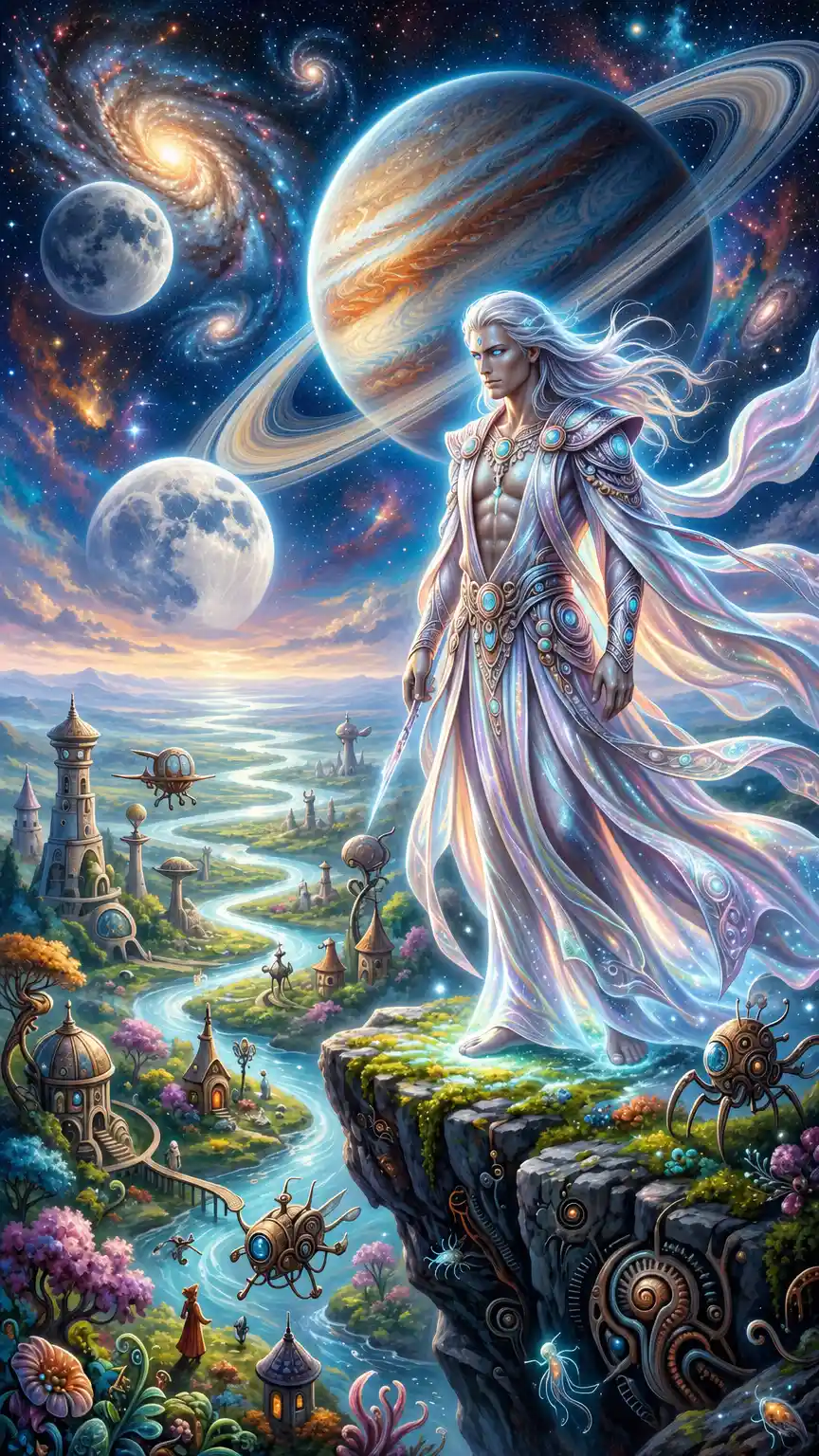 Ethereal male deity overlooking a tranquil alien world