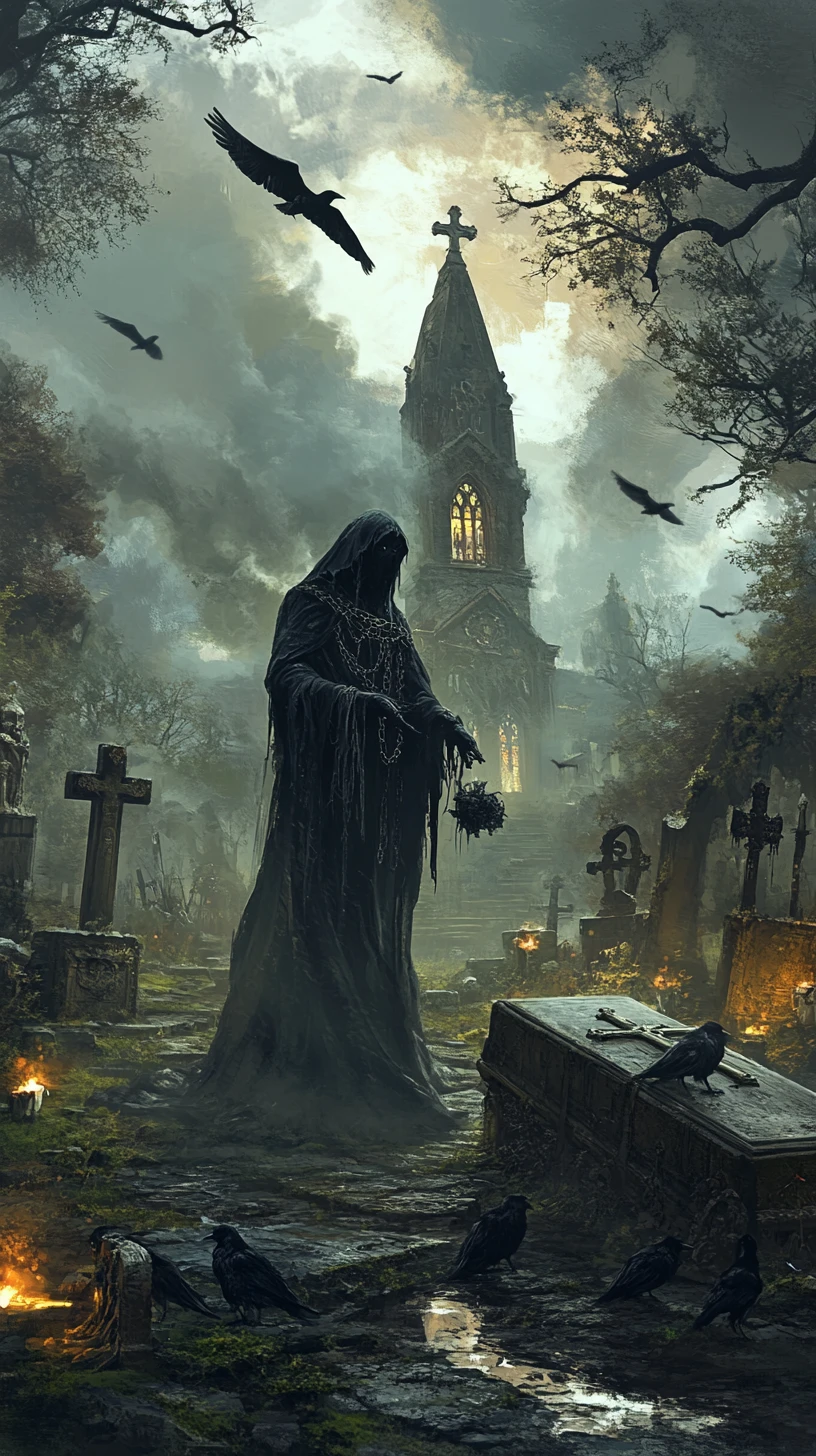 Grim reaper with ravens in a gothic cemetery