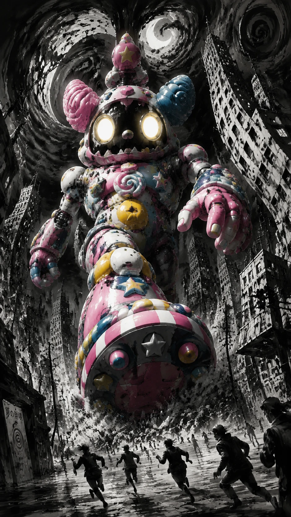 Giant Toy Mech Striding Through Distorted Ink Cityscape