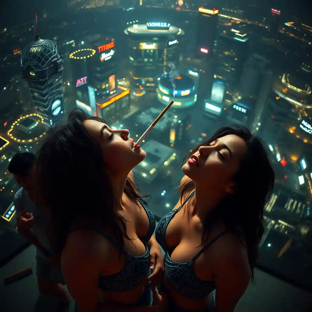 Glamorous woman relaxing as she smokes from an overhead view