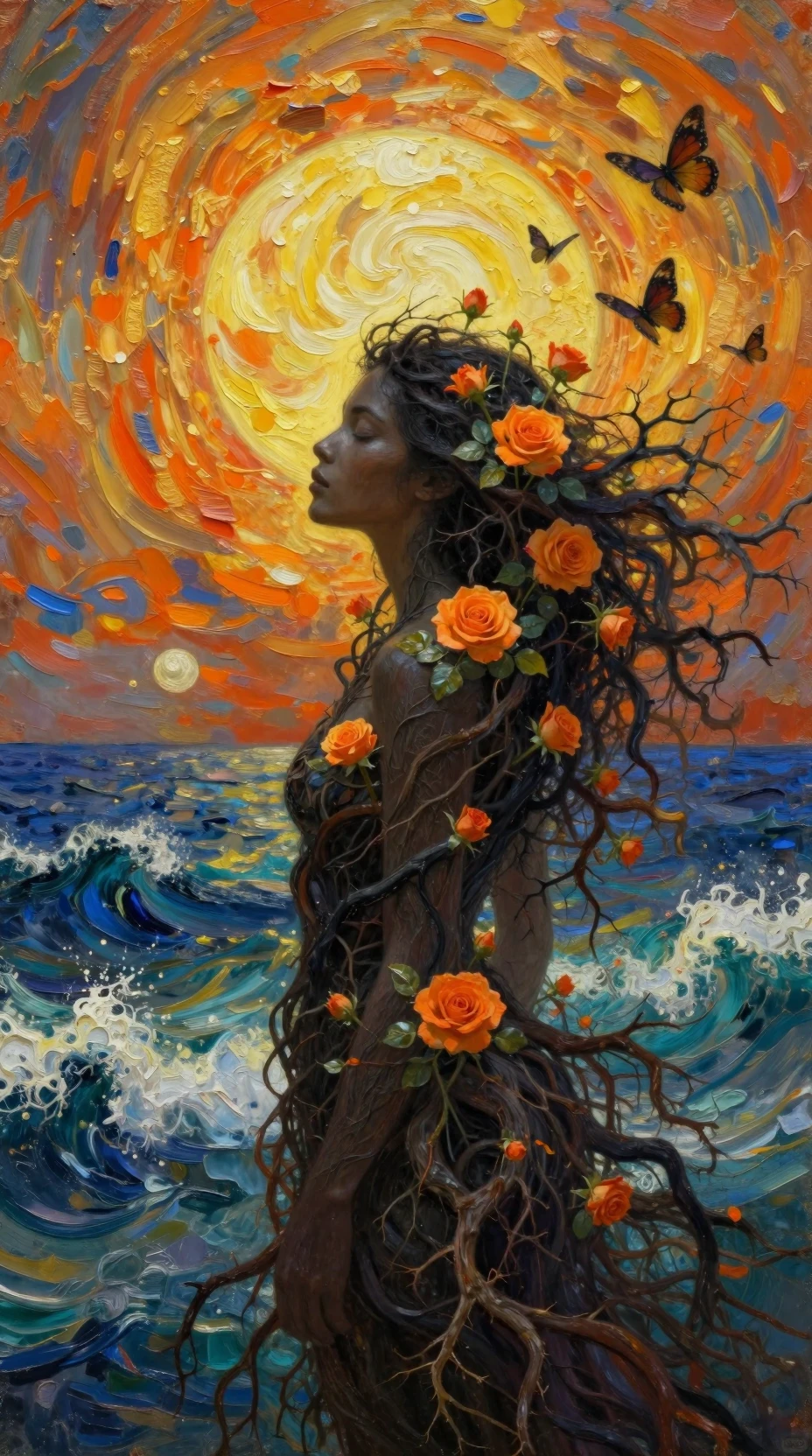 Tree nymph woman in profile with roses and branches